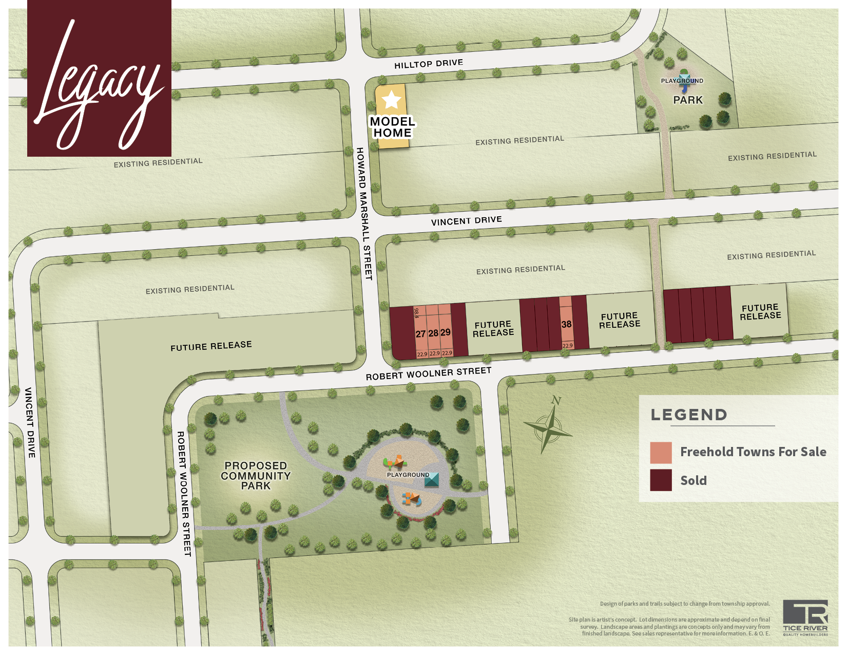 Tice River siteplan with available Freehold Townhomes for sale.